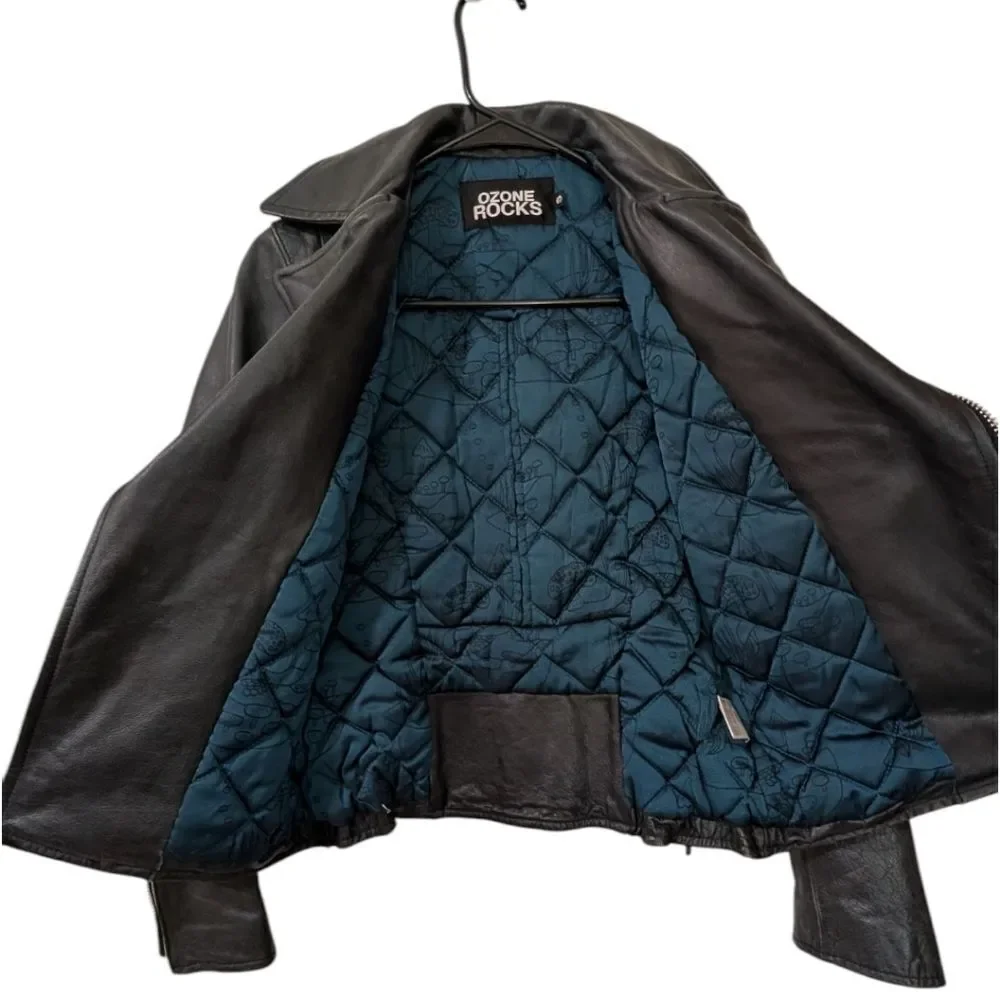 OZONE ROCKS Japanese Y2K VTG Black Leather Biker Jacket Quilted Lined Women's XS
